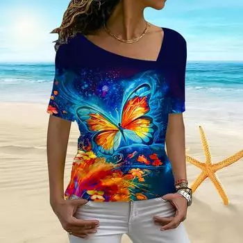 Женская женская футболка с 3D-принтом Dream Butterfly, нерегулярным воротником и короткими рукавами XS оранжевый