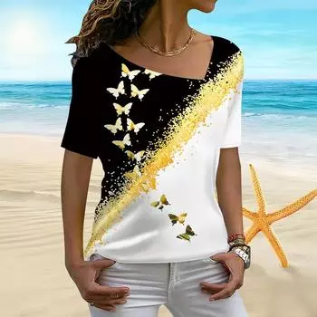 Женская женская футболка с 3D-принтом «Мост бабочки» и нестандартным вырезом, с короткими рукавами и низом XS синий