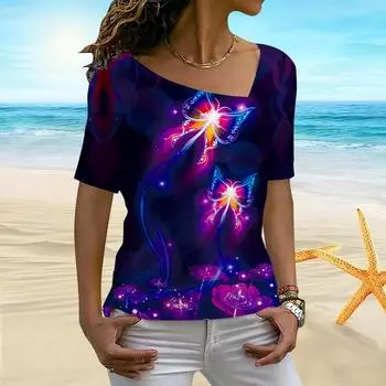 Женская женская футболка с 3D струящимся принтом бабочки, нестандартным вырезом и короткими рукавами XS фиолетовый