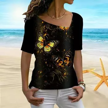 Женская женская футболка с 3D-желтым принтом бабочки, фейерверком, цветением, нерегулярным воротником, с коротким рукавом XS фиолетовый