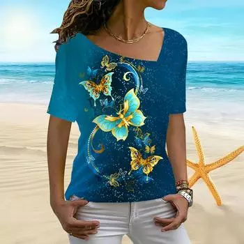 Женская женская футболка с 3D жемчужным принтом бабочки и нестандартным вырезом, с короткими рукавами и низом XS синий