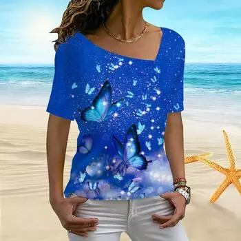 Женская женская футболка с 3D звездным светом и бабочкой с принтом фейерверков и цветущим воротником нерегулярной формы с короткими рукавами XS фиолетовый