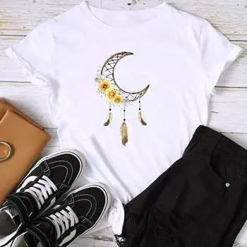 Женская женская футболка с азиатским размером и принтом T Moon в винтажном цветочном стиле, повседневная женская летняя футболка с графическим принтом, модная футболка с коротким рукавом S
