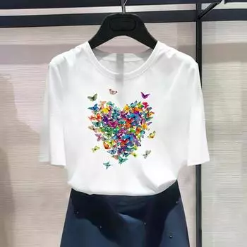 Женская женская футболка с азиатским размером и принтом T Love Heart Butterfly Trend, милая одежда, повседневная женская летняя футболка с графическим принтом, модная футболка с коротким рукавом S
