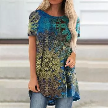 Женская женская футболка с геометрическим принтом и короткими рукавами, базовая винтажная рубашка с круглым вырезом, топ в стиле бохо и синяя футболка с 3D принтом S