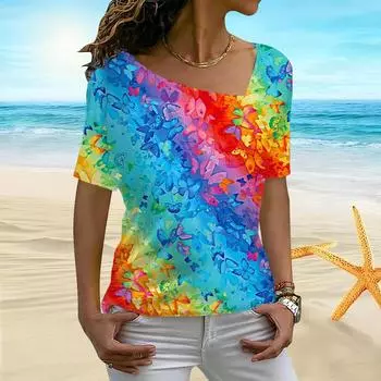Женская женская футболка с нерегулярным воротником и короткими рукавами с семицветным радужным принтом 3D XS разноцветный