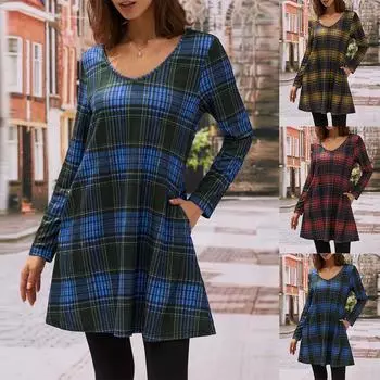 Женская женская футболка с v-образным вырезом в клетку с длинными рукавами, пуловер, блузка, свободные туники, топы