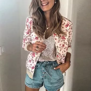 Женская женская куртка на молнии с цветочным принтом в стиле ретро, повседневное пальто, верхняя одежда M розовый