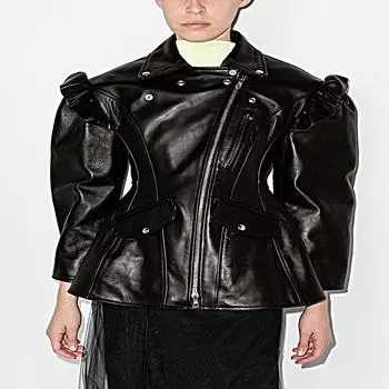 Женская женская натуральная черная кожа ягненка NOORA, стиль с оборками, байкерская куртка, пышные рукава, новый стиль, куртка для свидания в кафе, подарок для девочек XS чёрный