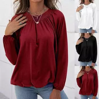 Женская женская повседневная футболка с круглым вырезом и длинным рукавом, удобная свободная футболка XXL чёрный