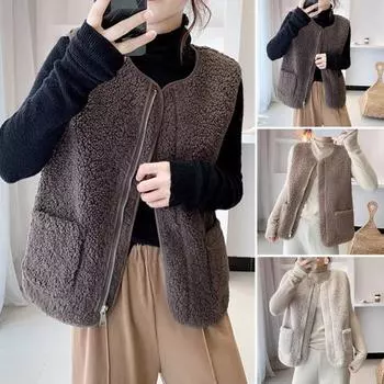 Женская жилетка с двумя карманами, застегивающаяся на молнию флисовая безрукавка, кардиган большого размера, свободный жилет с круглым вырезом, повседневный жилет для школы, путешествий, пальто L света кофе