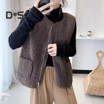 Женская жилетка с двумя карманами, застегивающаяся на молнию флисовая безрукавка, кардиган большого размера, свободный жилет с круглым вырезом, повседневный жилет для школы, путешествий, пальто L бежевый