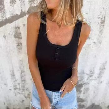 Женская жилетка с U-образным вырезом без рукавов на пуговицах, блузка-камисоль, облегающая базовая майка для пляжа, офиса, вечеринки S