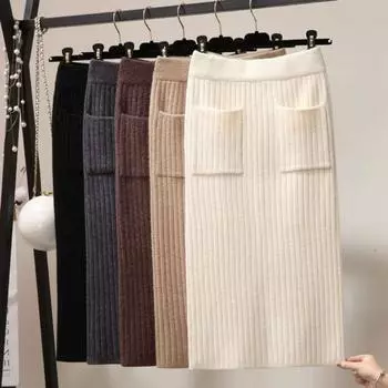Женская зимне-осенняя юбка, трикотажная толстая эластичная юбка с высокой талией и карманами, однотонная полосатая юбка миди средней длины для поездок на работу чёрный