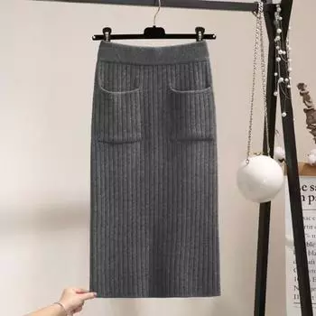 Женская зимне-осенняя юбка, трикотажная толстая эластичная юбка с высокой талией и карманами, однотонная полосатая юбка миди средней длины для поездок на работу чёрный