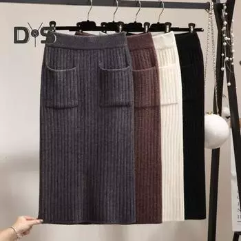 Женская зимне-осенняя юбка, трикотажная толстая эластичная юбка с высокой талией и карманами, однотонная полосатая юбка миди средней длины для поездок на работу чёрный