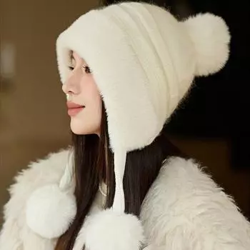 Женская зимняя бархатная толстая защитная шапка для волос с шариками, теплая вязаная шапка чёрный