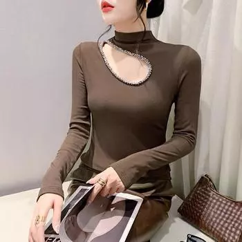 Женская зимняя базовая рубашка, сексуальный алый топ с бисером, модная полувысокая горловина, футболка с длинными рукавами для женщин S