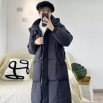 Женская зимняя белая утиная пуховая длинная куртка-пуховик, теплая, свободного покроя, стоячий воротник, капюшон, пальто, мода, элегантный темперамент S