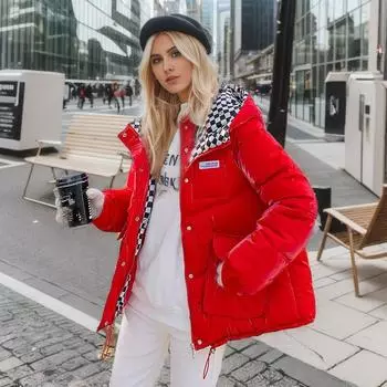 Женская зимняя блестящая куртка с капюшоном в шахматном порядке на хлопковой подкладке, короткое пальто со стоячим воротником M белый