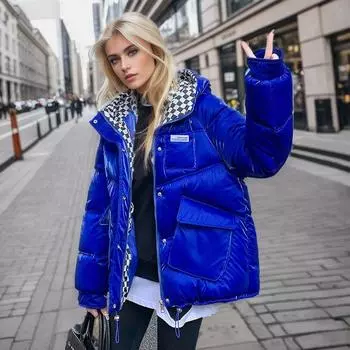 Женская зимняя блестящая куртка с капюшоном в шахматном порядке на хлопковой подкладке, короткое пальто со стоячим воротником M белый