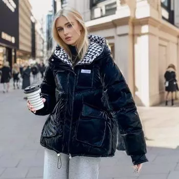 Женская зимняя блестящая куртка с капюшоном в шахматном порядке на хлопковой подкладке, короткое пальто со стоячим воротником M красный