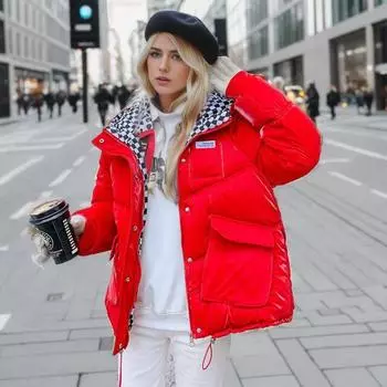Женская зимняя блестящая куртка с капюшоном в шахматном порядке на хлопковой подкладке, короткое пальто со стоячим воротником M красный