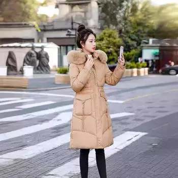 Женская зимняя длинная хлопковая утепленная одежда выше колена вниз хлопковая утепленная одежда женская большой меховой воротник облегающая утолщенная M