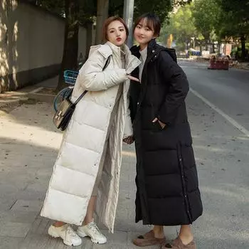 Женская зимняя длинная куртка из хлопка с капюшоном, утолщенная теплая однотонная повседневная куртка из хлопка с пуховиком M чёрный