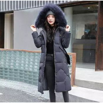 Женская зимняя длинная куртка-пуховик с толстым меховым воротником и капюшоном на молнии, теплая зимняя одежда, женская стеганая куртка L серый