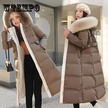 Женская зимняя длинная пуховая куртка выше колена с хлопковой подкладкой, корейская свободная утолщенная однотонная стеганая куртка XXL чёрный