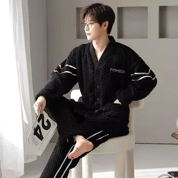 Женская зимняя дневная пижама с длинными рукавами и v-образным вырезом в Корейском стиле, коралловая бархатная пижама для пар, милый бархатный домашний костюм с героями мультфильмов L