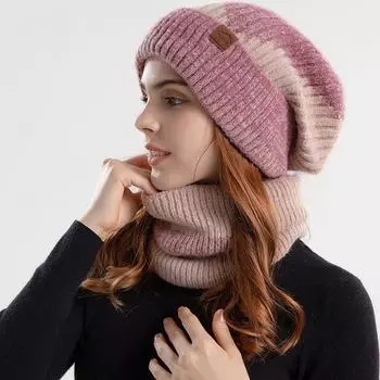 Женская зимняя двухцветная утепленная шерстяная шапка с защитой ушей, комплект из двух предметов, вязаная шапка с плюшевым воротником One Size чёрный