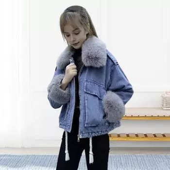 Женская зимняя джинсовая куртка Yousheng с отделкой из искусственного меха, длинными рукавами, карманами на толстой плюшевой подкладке, утепленное ветрозащитное пальто средней длины S чёрный