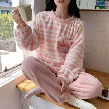 Женская зимняя фланелевая пижама, женская утепленная пижама с круглым вырезом и длинными рукавами, женская домашняя одежда с рисунком в полоску M