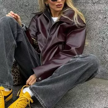 Женская зимняя французская шикарная винтажная кожаная куртка, модное пальто с воротником-лацканом и длинным рукавом, женский новый дизайн 2000-х годов, ретро-повседневная одежда для топов S чёрный