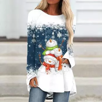 Женская зимняя футболка с принтом снеговика больших размеров, удобная футболка с длинными рукавами и круглым вырезом, рождественская повседневная мешковатая футболка средней длины XS красный