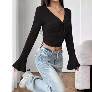 Женская зимняя футболка с V-образным вырезом, длинными рукавами и складками, расклешенными рукавами, поясом и уникальным верхом. S чёрный