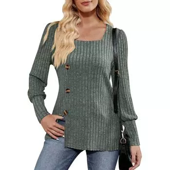 Женская зимняя футболка-свитер с квадратным вырезом и длинными рукавами L армия зеленый