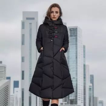 Женская зимняя хлопковая куртка, длинное толстое пальто с капюшоном, сплошной цвет, тонкая теплая хлопковая одежда, элегантное модное пальто M чёрный