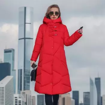 Женская зимняя хлопковая куртка, длинное толстое пальто с капюшоном, сплошной цвет, тонкая теплая хлопковая одежда, элегантное модное пальто XL красный