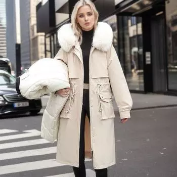 Женская зимняя хлопковая куртка, длинное толстое пальто с меховым воротником и капюшоном, теплая хлопковая одежда, элегантная модная парка в стиле ретро, пальто M чёрный