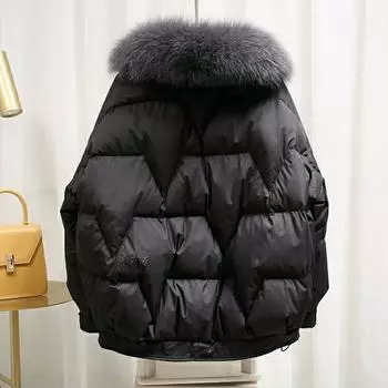 Женская зимняя хлопковая куртка с утолщенным шерстяным воротником, свободная куртка с длинным рукавом XXL чёрный