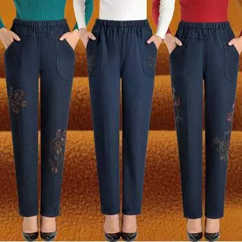 Женская зимняя и осенняя одежда среднего возраста плюс флисовые джинсы Женская свободная одежда с высокой талией для мам Бабушкиная одежда Женские брюки больших размеров XL