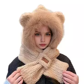 Женская зимняя интегрированная шапка и шарф из толстого флиса, теплая, с рисунком лисы, ветрозащитная кофейный