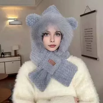 Женская зимняя интегрированная шапка и шарф из толстого флиса, теплая, с рисунком лисы, ветрозащитная, полная защита для путешествий на свежем воздухе, для занятий сноубордом в холодную погоду серый