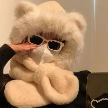 Женская зимняя интегрированная шапка и шарф из толстого флиса, теплая, с рисунком медведя, ветрозащитная легкие хаки