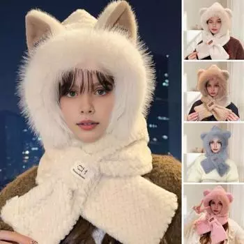 Женская зимняя интегрированная шапка и шарф из толстого флиса, теплая, с рисунком лисы, ветрозащитная, полная защита, для путешествий на открытом воздухе, для холодной погоды, для кемпинга бежевый