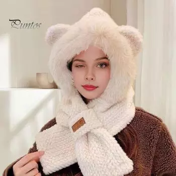 Женская зимняя интегрированная шапка и шарф из толстого флиса, теплая, с рисунком лисы, ветрозащитная, полная защита для путешествий на свежем воздухе, для занятий сноубордом в холодную погоду белый