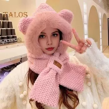 Женская зимняя интегрированная шапка и шарф из толстого флиса, теплая, с рисунком лисы, ветрозащитная, полная защита для путешествий на свежем воздухе, для занятий сноубордом в холодную погоду хаки